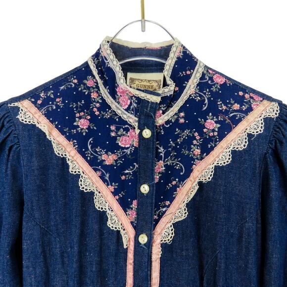 1970s Gunne Sax Vintage Blue Denim Calico Floral Trim Maxi Dress Prairie Dress 3 - Picture 3 of 12